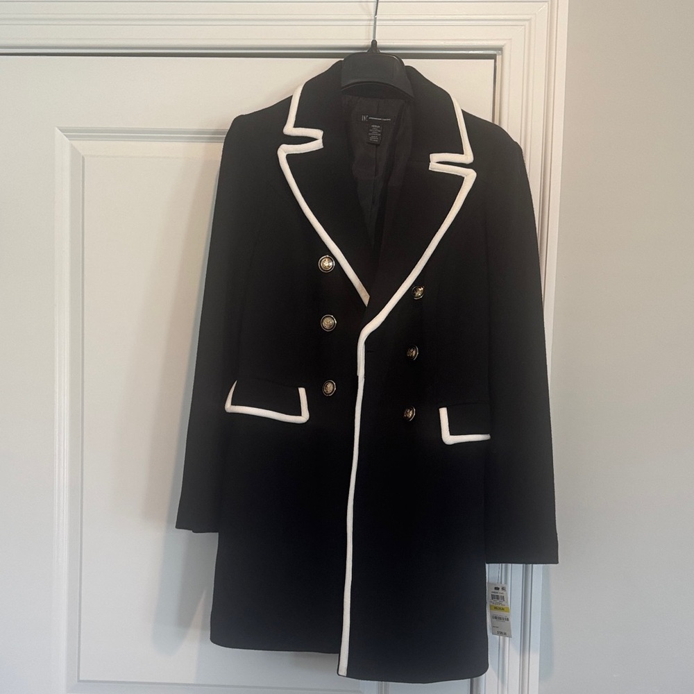 INC International Concepts Black Pea Coat with White Accents